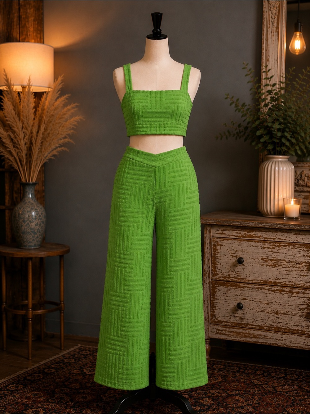 Cider Lime Green Textured Wide-Leg Pants & Crop Top Set